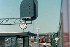 MH class photographed in Nyborg ferryharbour taking coaches to the ferry for the Storebælt ferryline Nyborg-Korsør. 14. August 1975.  Built by Frichs in Denmark in a number of 120. The class was put int service in 1960 - 1965. C0. Dieselhydraulic 8-cyl MAN engine. 440 hp. Max speed 60 km/h - 37 mph. Length 9 440 mm. Weight 45 metric tonnes.